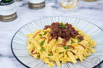 Alfredo Pasta With Highlands Corned Beef